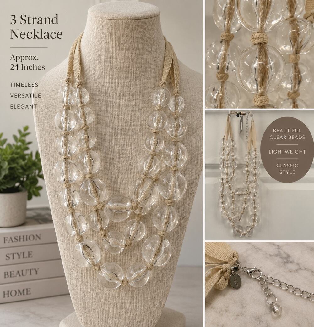 $98 Nordstrom Sequin 3-Strand Clear Beaded Statement Necklace 24โ Neutral Boho